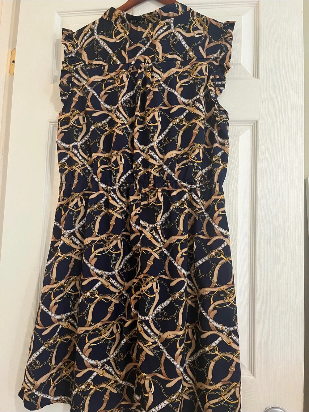 Jasmine Navy Dress with Gold Chain Print, great lightweight dress perfect for tr - Picture 4 of 4